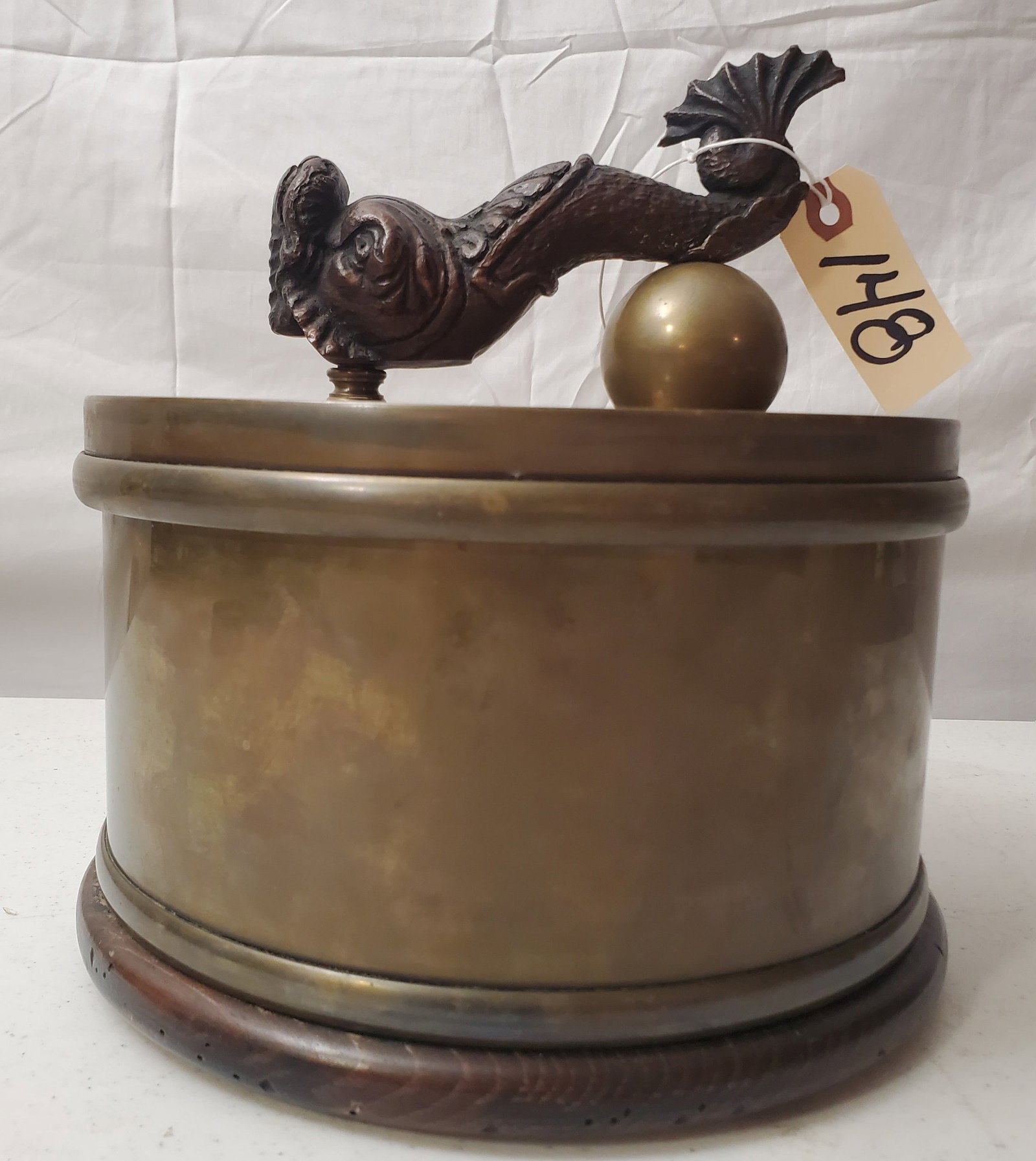 EARLY 19TH CENTURY COPPER / BRASS CYLINDER BOX WITH MYTHICAL CREATURE HANDLED LID ON WOOD BASE (1 of 7)