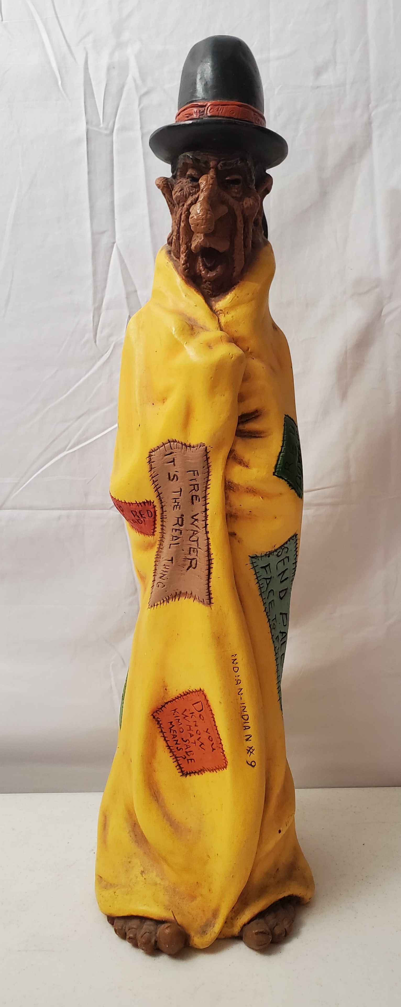 VINTAGE WOOD CARVED NATIVE AMERICAN INDIAN CHIEF STATUE: SHOWING MINOR SCRATCHES, MEASURING 31" HIGH, 9"X9" WIDE