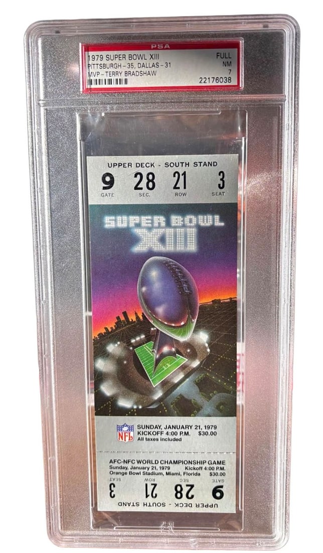 1979 Super Bowl XIII Ticket Full NM 7: Steelers Dallas MVP Bradshaw PSA 7. Beautiful Piece.
