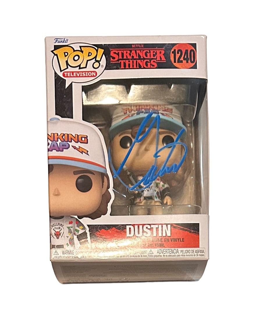 Gaten Matarazzo Dustin Autographed Funko Pop! JSA: Stranger Things Autographed Funko Pop JSA. Pop #1240 Signed in Blue Paint Pen.