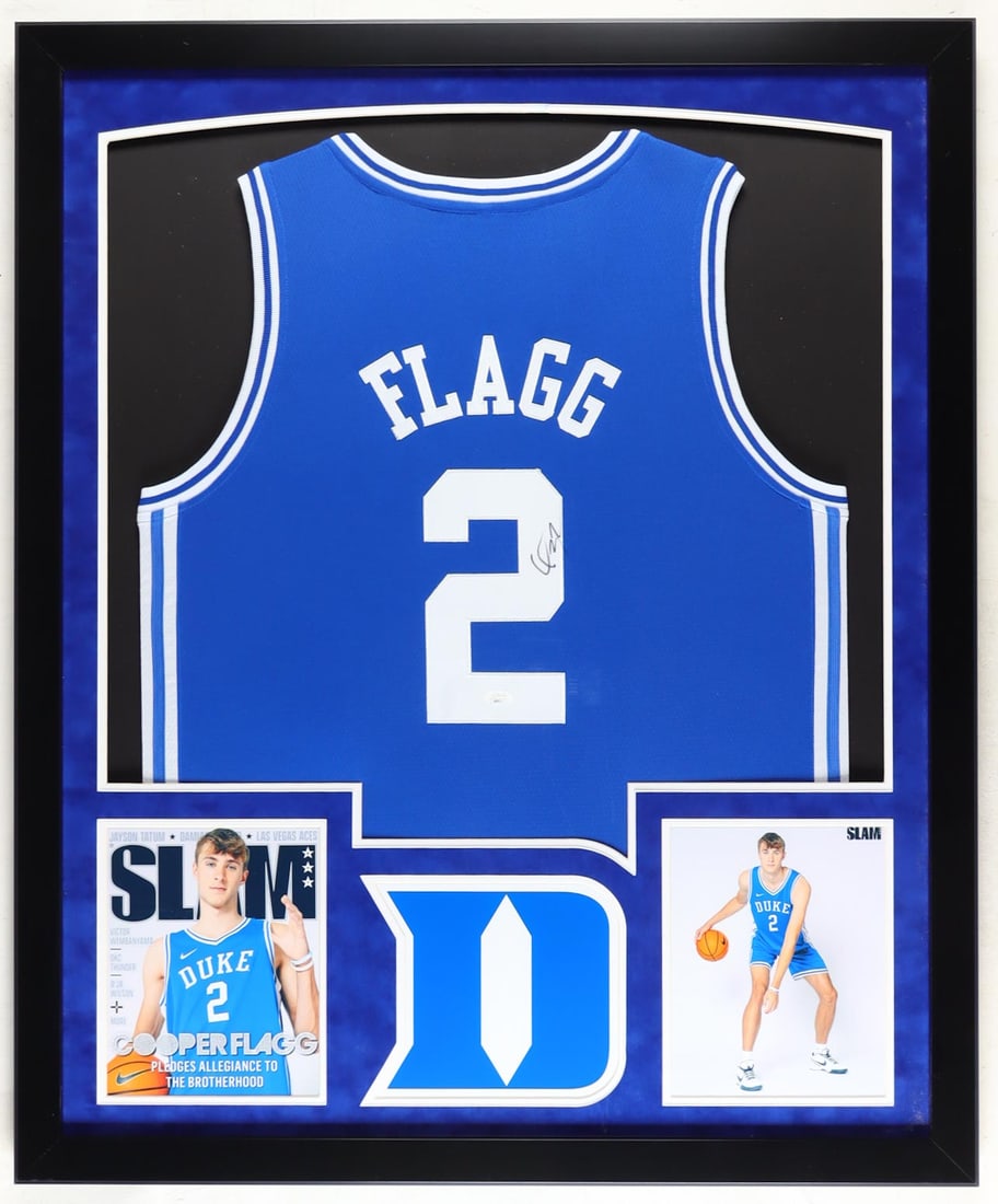 Cooper Flagg Autographed Framed Jersey JSA: Basketball Phenom Custom jersey, Custom framed suede matting. With the Iconic Duke Logo. JSA COA
