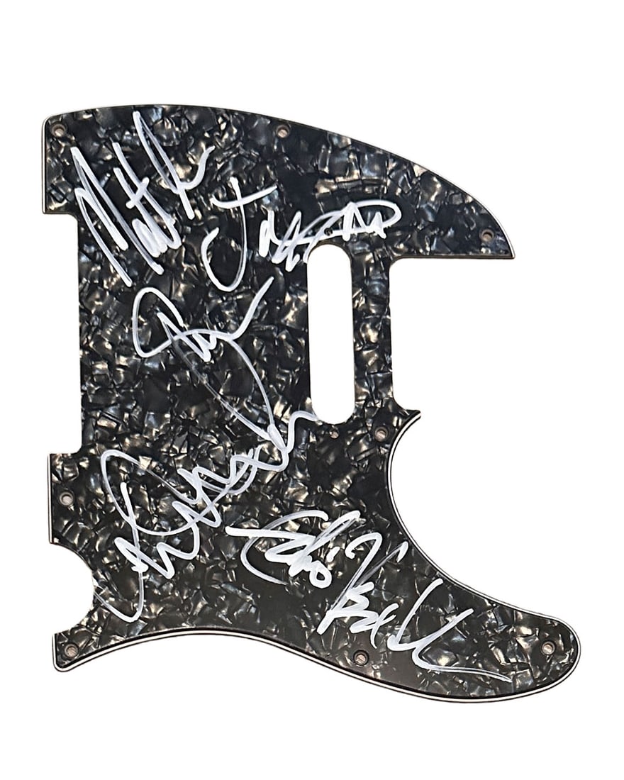 Pearl Jam Autographed Telecaster Pickguard: This will any telecaster style guitar. Signed by Eddie Vedder,Matt Cameron,Jeff Ament,Stone & Mick McCready. Nice black turquoise finish signed in white.