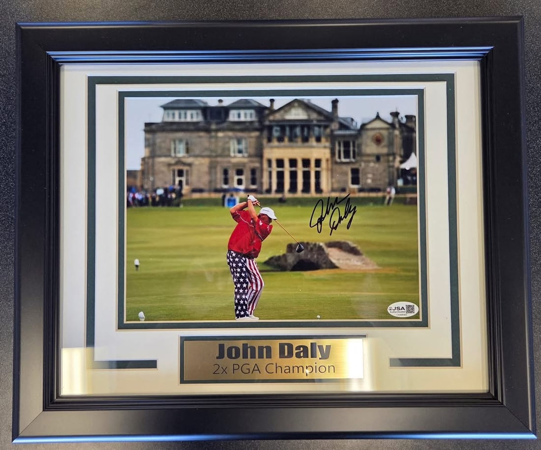 John Daly Autographed 8x10 Photo JSA: Signed 8x10 custom framed and matted with a nameplate, JSA COA