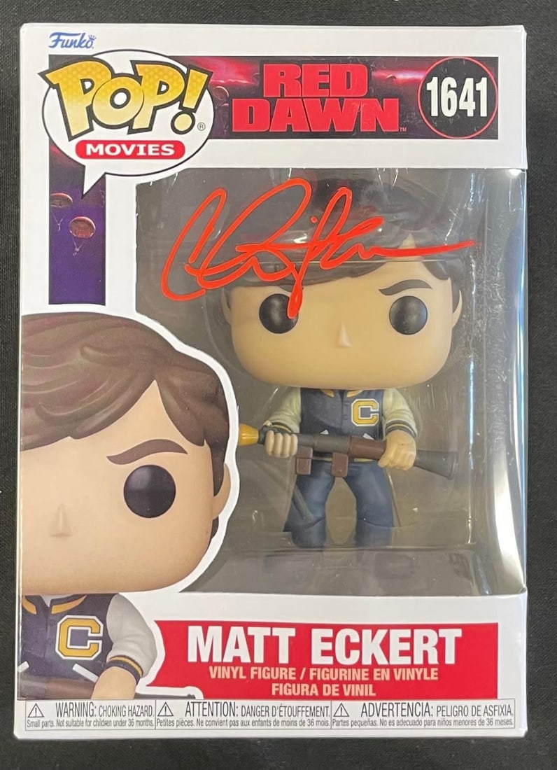 Charlie Sheen Autographed Red Dawn Funko Pop: Matt Eckert Red Dawn 80's Iconic Film. Signed in red paint pen by Sheen. We have quite a few of these in stock.