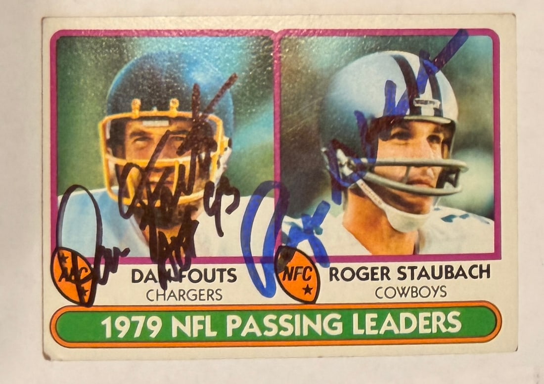 Dan Fouts Roger Staubach Autographed Card: We have a collection of signed cards in. The collector,Collected everything from balls to cards to whatever. He has over 3000 signed cards and cuts. No COA'S But we fully guarantee these cards.