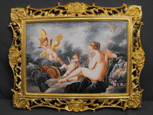 PORCELAIN HAND PAINTED SCENIC PLAQUE KPM: A FINE PORCELAIN KPM IMCISED HAND PAINTED PLAQUE IN DORE BRONZE MOUNT FRAME. REGILDED FRAME. PLAQUE IS 9 X 14. FRAME IS 15 X 19.75. SIGNED LOWER RIGHT CORNER ILLEGIBLE