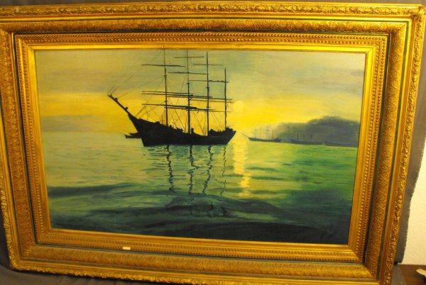 Late 19th Century Marion Macone Ship Painting: A quality oil painting of ship by M. Macone. Signed Lower left corner, 28 x 36