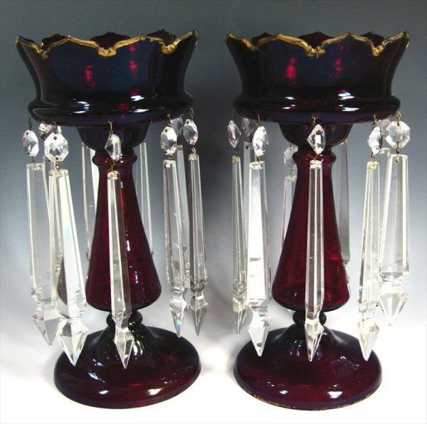 Ruby Red Victorian Mantle Lusters: A nice pair of Ruby Red lusters with gold rim.