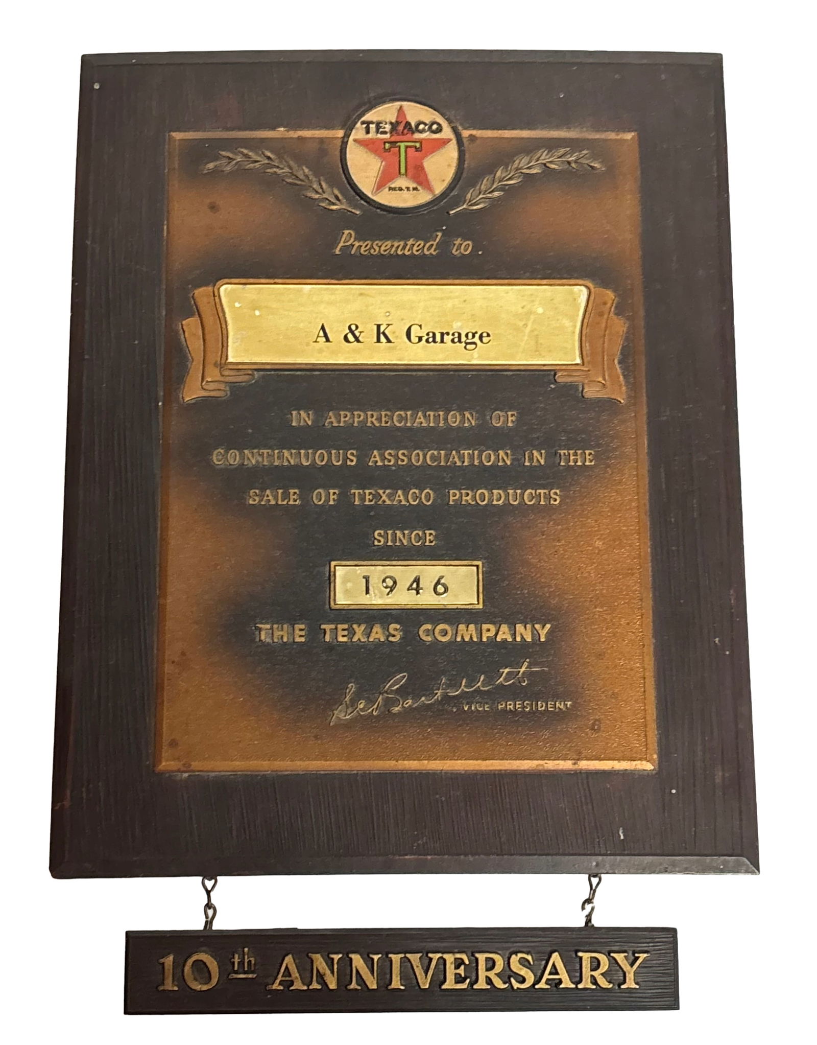 1946 Texaco 10th Anniversary Award Plaque sign (1 of 5)
