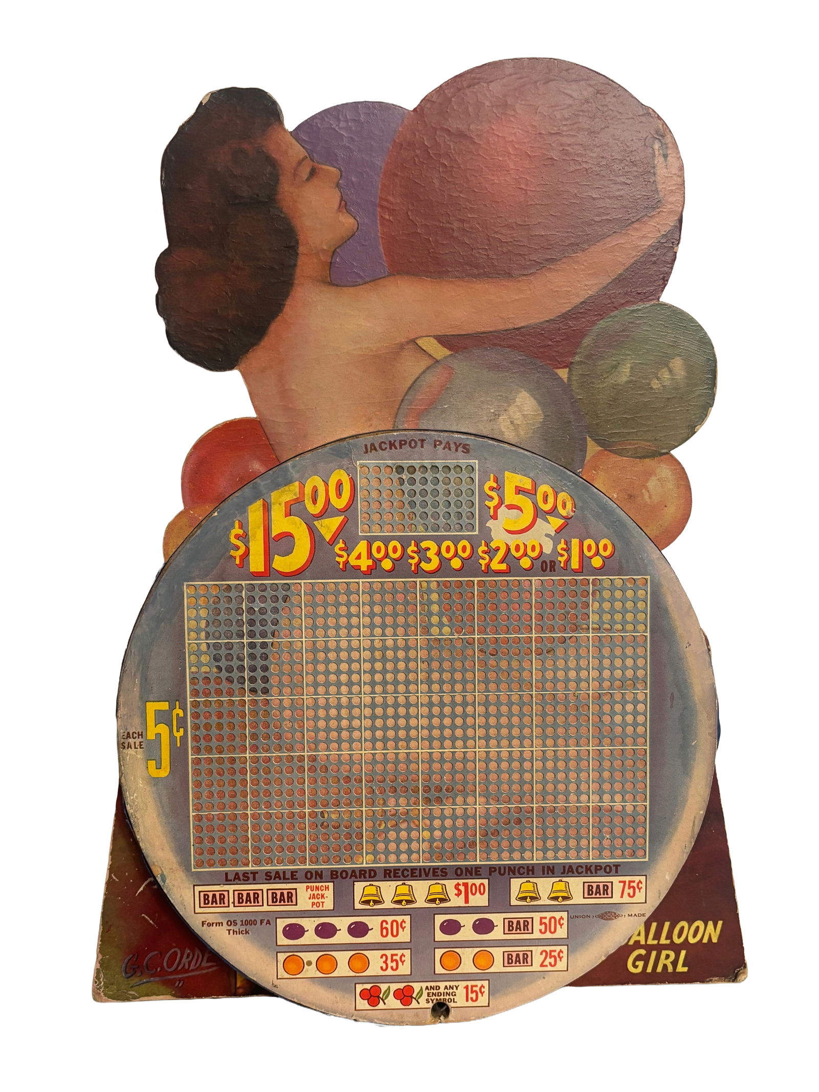 5 Cent Mid Century Balloon Girl Gambling Punchboard (1 of 5)