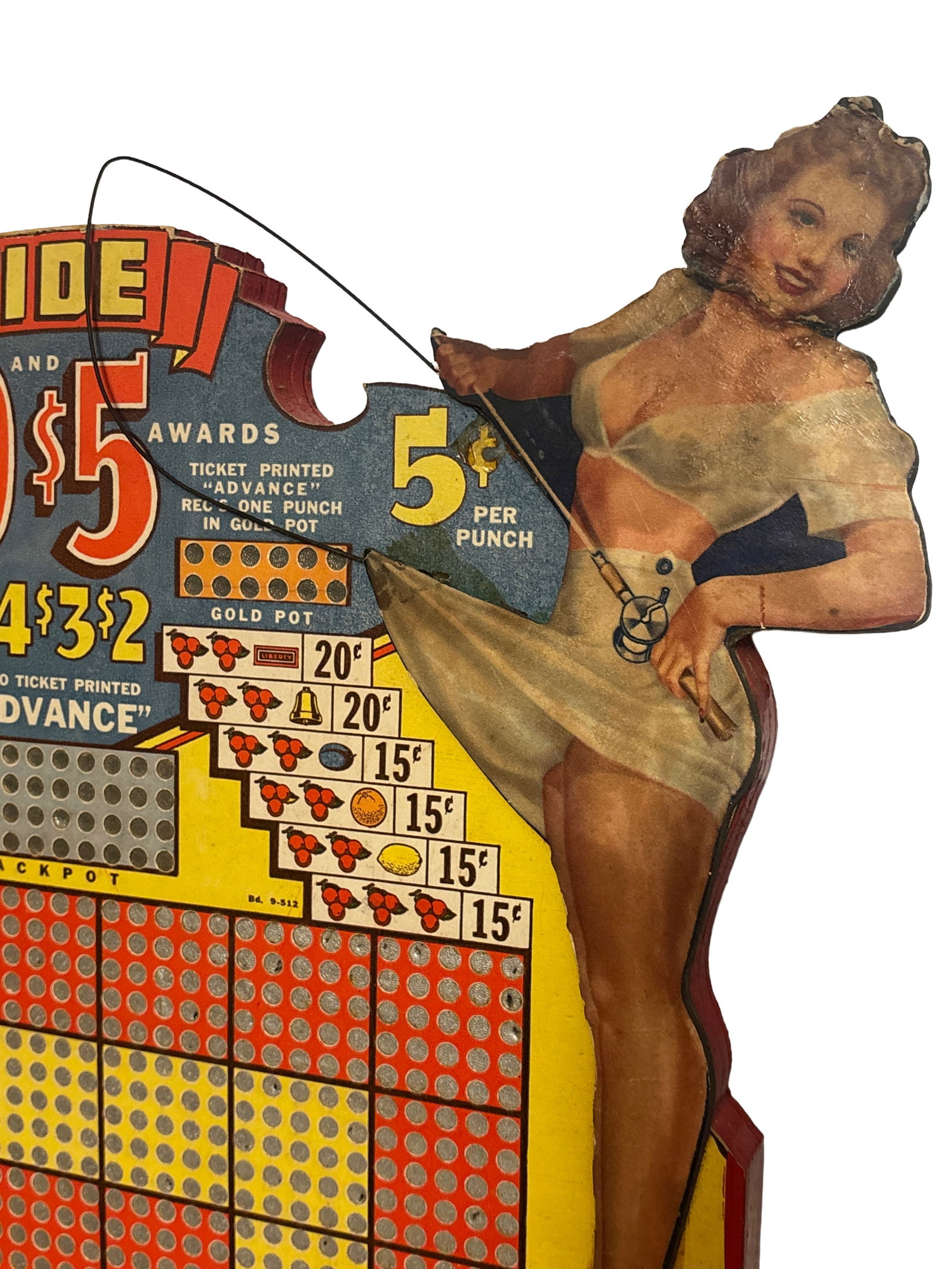 5 Cent High Tide Pin Up Fishing Girl Gambling Punchboard Mid century (1 of 5)