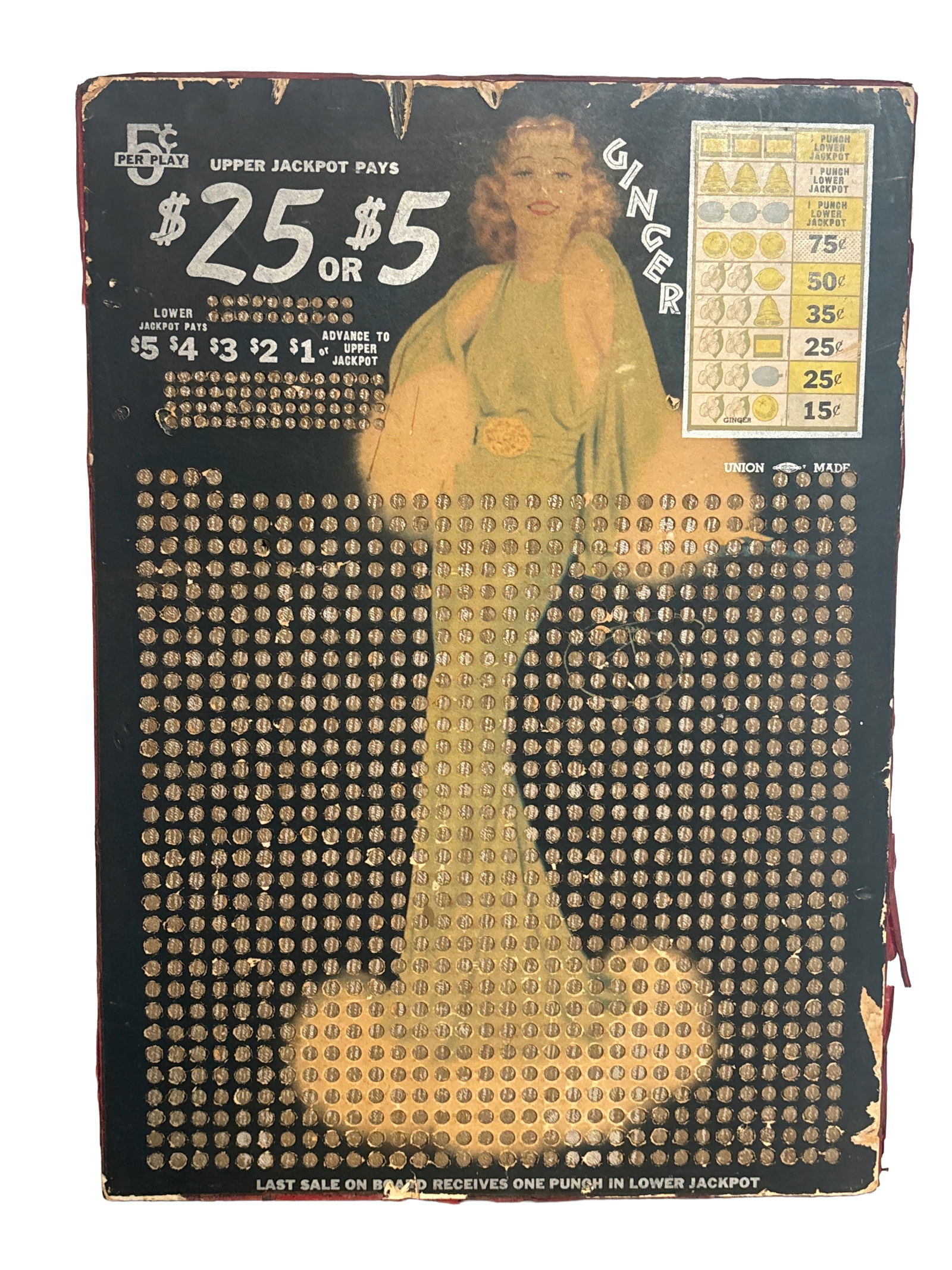 Mid Century Ginger Gambling Punchboard Game unused: 1930s 40s style glamour girl on this punchboard called Ginger. in unused condition, these were used as trade simulators for gambling in the bars or taverns.