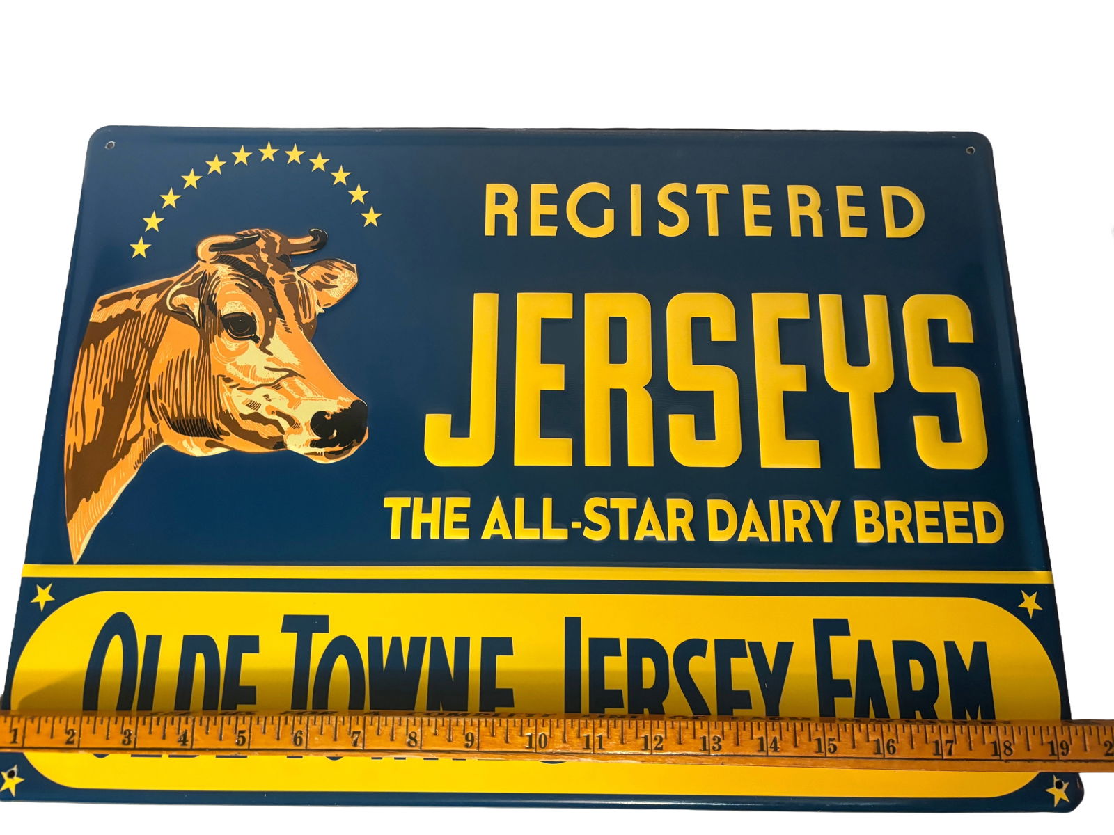 New Contemporary Registered Jerseys Dairy Farm Embossed Metal Sign: New Contemporary Registered Jerseys Dairy Farm Embossed Metal Sign. Self framed. quality sign. Heavy gauge metal, heavy embossing. vibriant colors. 20"x14'