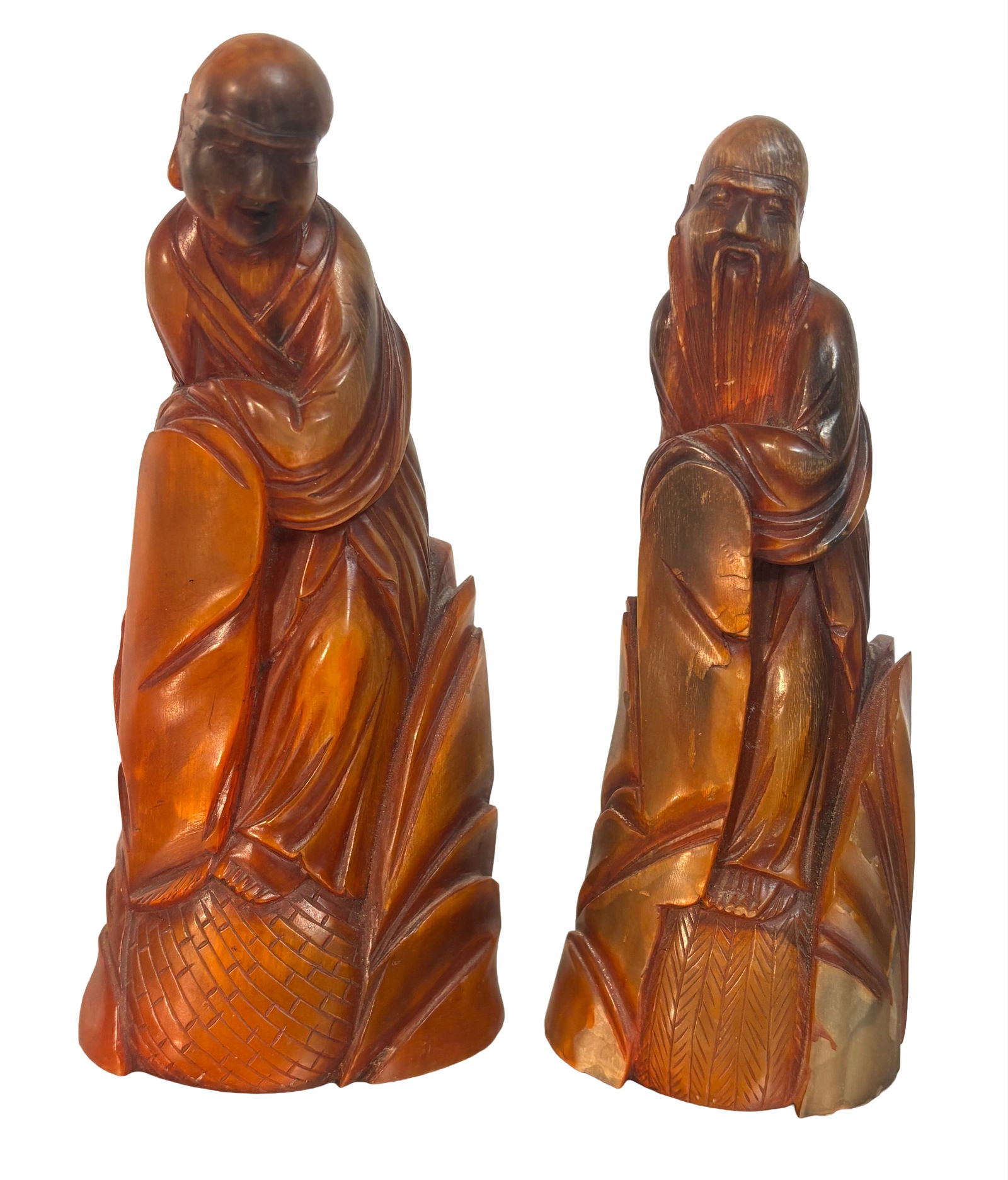 Set of 2 Antique Chinese Horn Carved Daoist Immortals Figures sculptures (1 of 9)
