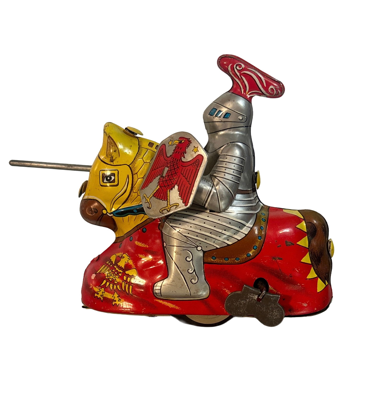 Vintage Haji Japanese tin litho Wind up Jousting Knight on Horse toy 1950s (1 of 4)
