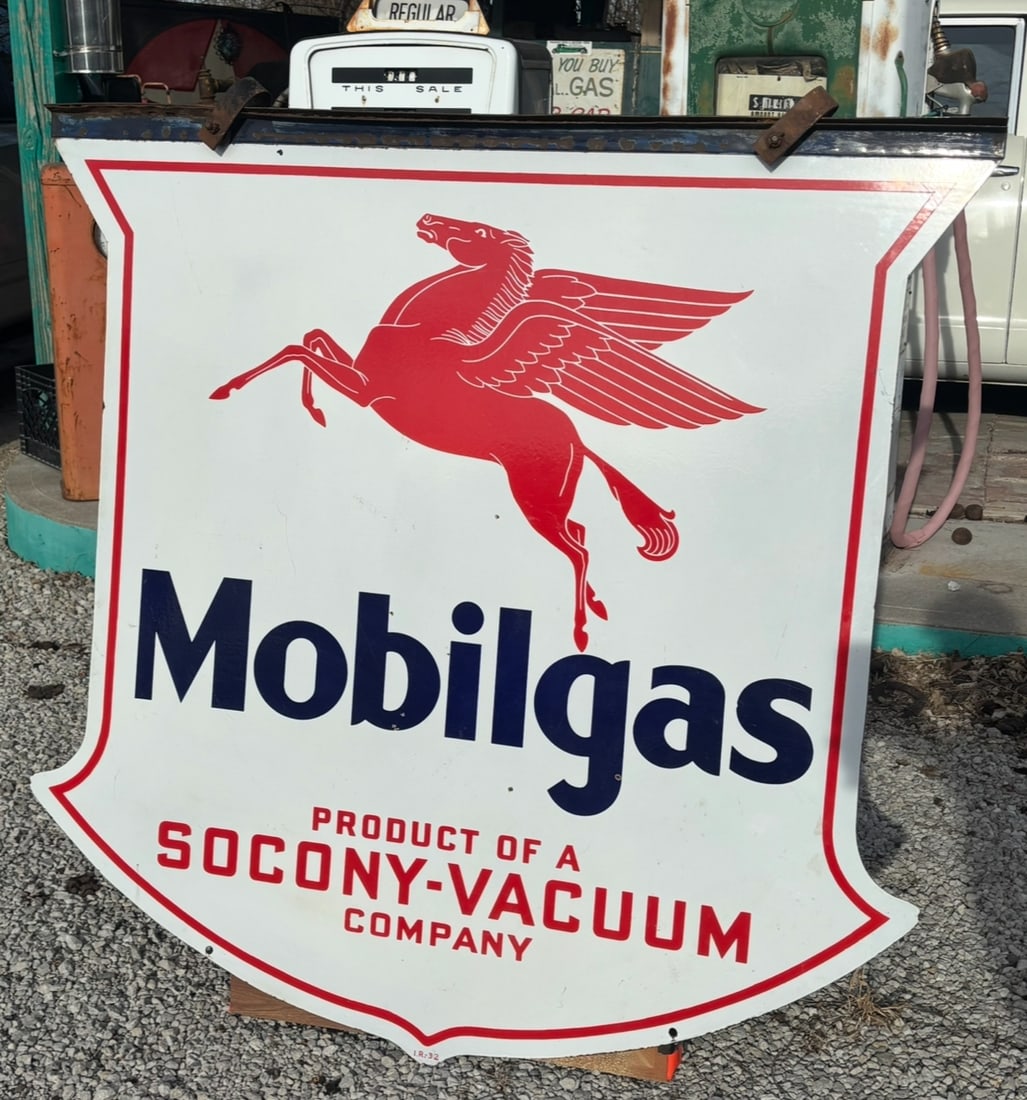Original 1932 48' Porcelain Double Sided Mobilgas Socony Pegasus Shield Sign (1 of 7)