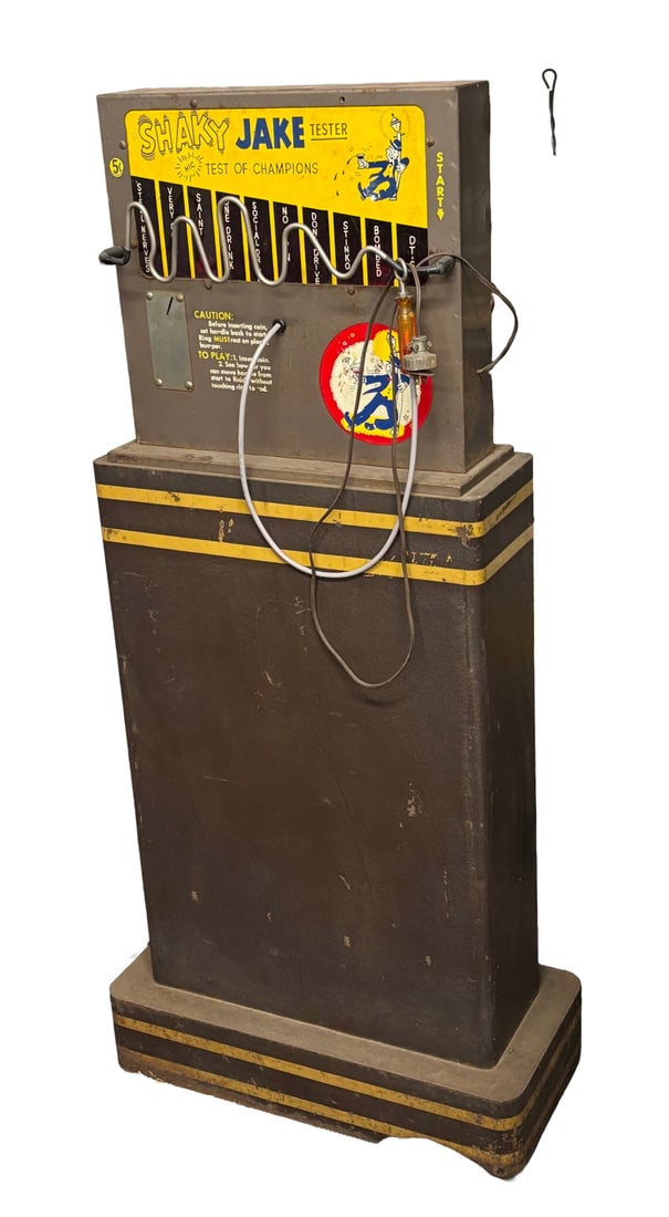 Vintage Shaky Jake Tester with rare original stand Coin Op Alcohol Themed Machine: Vintage Shaky Jake Tester with rare original stand Coin Op Alcohol Themed Machine. It was popular in bars and archades in the mid century. 5 cent coin op. in working condition. Also call the Booz Baro