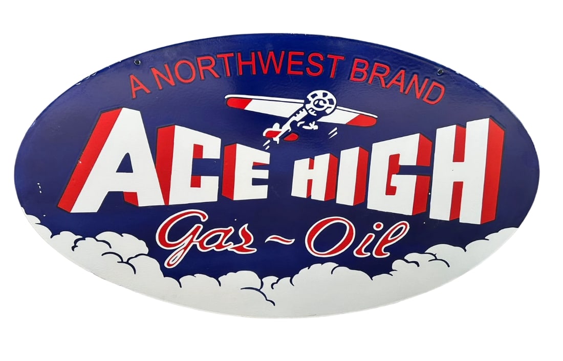 48"x30" Ace High Gas & Oil Contemporary Porcelain Sign 2 Sided Oval Airplane Aviation: 48"x30" Ace High Gas & Oil Contemporary Porcelain Sign 2 Sided Oval Airplane Aviation. Hand brushed with shelving. just like the old school process. Excellent quality! Heavy gauge metal. The porcelain