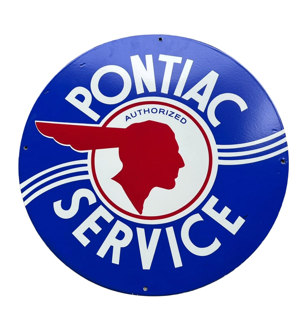 25" Contemporary Pontiac Service Porcelain Round sign. 2 sided. Car Dealership: 25' Pontiac Service porcelain sign. 2 sided. Excellent quality. Vibrant colors. Heavy gauge metal. The porcelain is fired at 850 degrees. Free Worldwide shipping. Sign will be shipped from our warehou