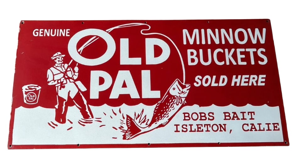 48"x24" Contemporary Old Pal Minnow Buckets Sold Here Porcelain Sign. Hand Brushed, shelving: 48"x24" Old Pal Minnow buckets Sold Here Fishing Sign. Porcelain 1 sided sign. Bobs bait Isleton Calie, Hand Brushed with shelvin. same process as the old days. Excellent quality. Vibrant colors. Heav