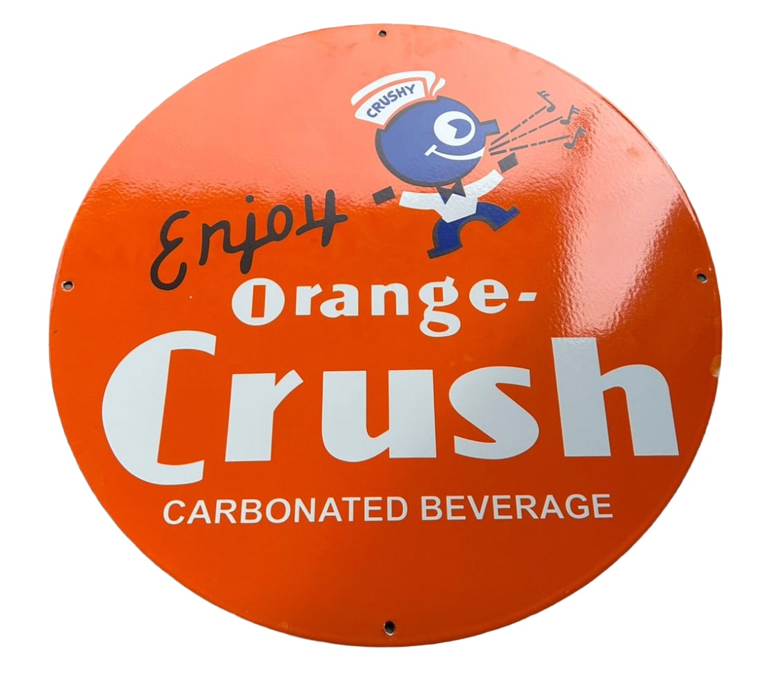 25" contemporary Orange Crush 40s mascot "Crushy" Porcelain Sign. 2 sided Soda Pop: 25" Orange Crush Soda Pop porcelain sign. double sided. featuring the 1940s mascot "Crushy" Excellent quality. Vibrant colors. Heavy gauge metal. The porcelain is fired at 850 degrees. Free Worldwide