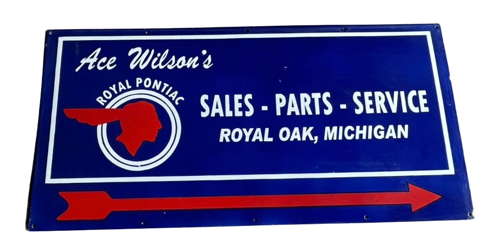 48"x24" Contemporary Royal Pontiac Porcelain Sign 1 side Sales Parts Service Arrow Shelving: 48"x24" Royal Pontiac Porcelain Sign. Ace Wilson's Sales- Parts-Service Royal Oak, Michigan. Featuring a large right arrow. Hand brushed with shelving. just like the old school process. Excellent qual