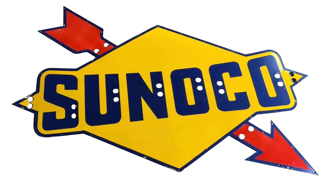 72"x39"contemporary Sunoco Gasoline Station Porcelain Neon Face Sign Arrow Shelving: 72"x 39" Sunoco Gasoline Station Porcelain neon skin sign. Neon holes are punched out for adding neon lighting. Hand brushed with shelving. just like the old school process. Excellent quality. Vibrant