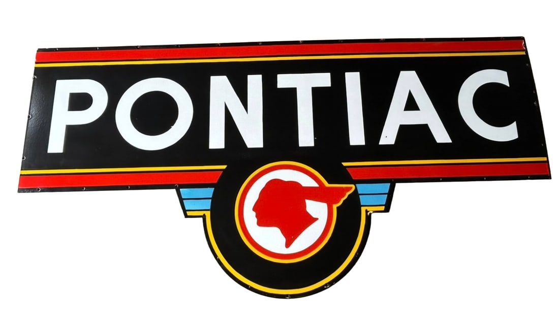 72"x36" contemporary Pontiac Porcelain Sign Rare desig Dealership Hand Brushed: 6ft x 36" Pontiac Porcelain Sign. This is a scarce version, one you don't see often. single sided. Hand brushed with shelving. Same process as the old days. Excellent quality. Vibrant colors. Heavy ga