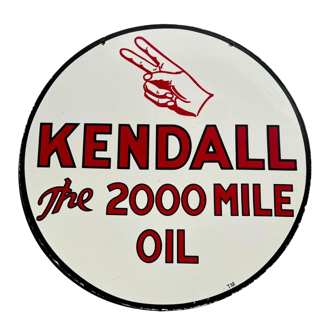 24" Contemporary Kendall the 2000 Mile Oil Porcelain Sign 2 sided: 24" Kendall "the 2000 Mile Oil" Porcelain Sign. Featuring the 2 fingers graphic. White version. 2 sided. Excellent quality. Vibrant colors. Heavy gauge metal. The porcelain is fired at 850 degrees. Fr