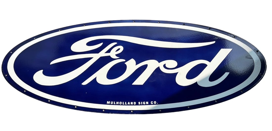 60"x23" Contemporary Quality Ford Oval Porcelain 1sided Sign Dealership Shelving: 60"x23" Ford Oval Dealer Porcelain sign. 1 sided. Hand brushed with shelving. Just like the old school process. Excellent quality. Vibrant colors. Heavy gauge metal. The porcelain is fired at 850 degr