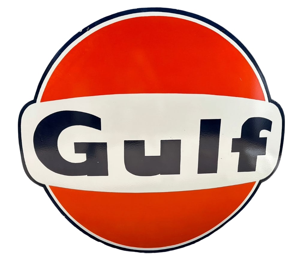 48"x52" Contemporary Die Cut Gulf Porcelain Sign 2 sided Gas station Hand Brushed (1 of 4)