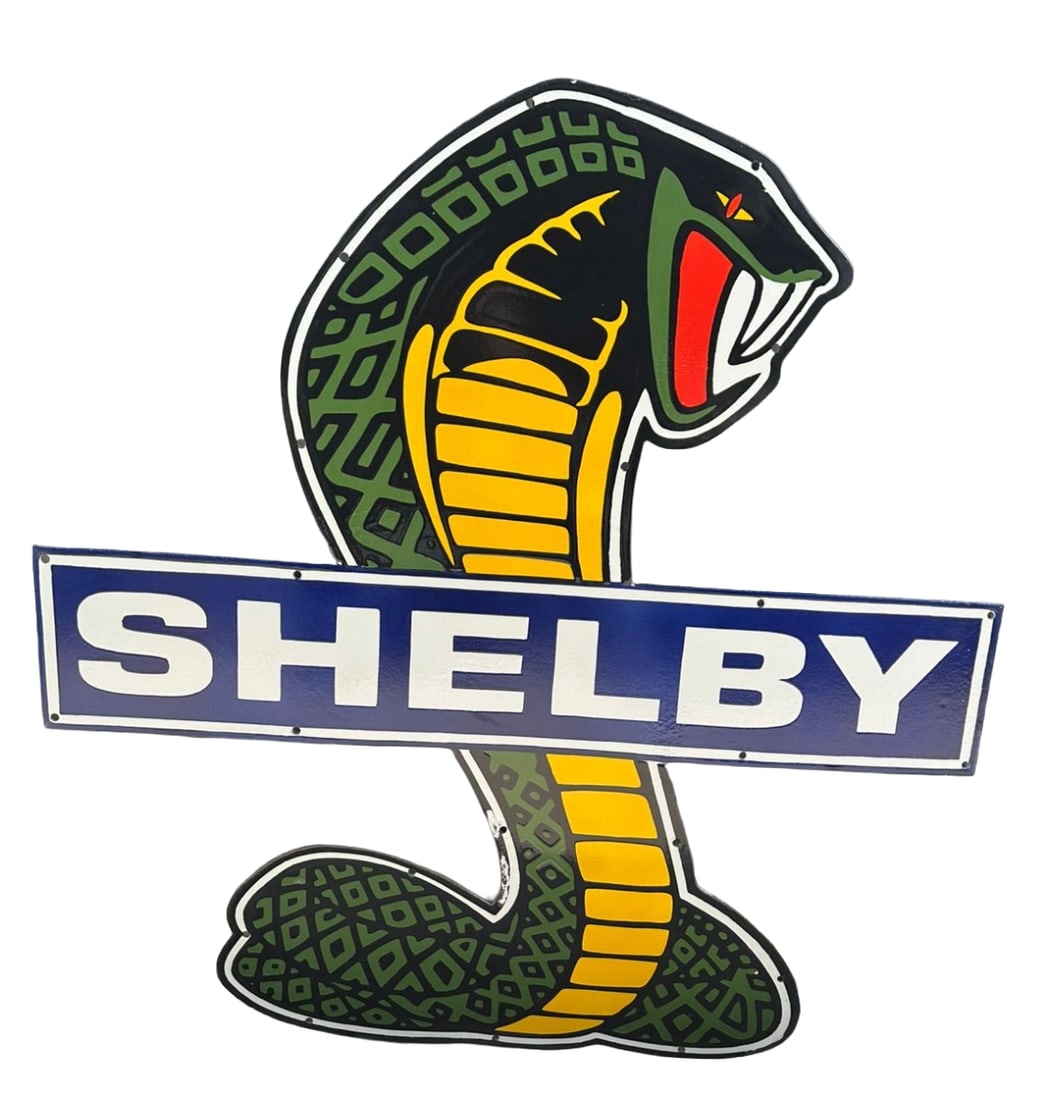 46"x44" Contemporary Die Cut Mustang Shelby Cobra Porcelain 1 sided sign Hand Brushed: 46"x44" Die Cut Mustang Shelby Cobra Porcelain sign. Single sided. great graphics! Hand brushed with shelving. Just like the old school process. Excellent quality. Vibrant colors. Heavy gauge metal. T
