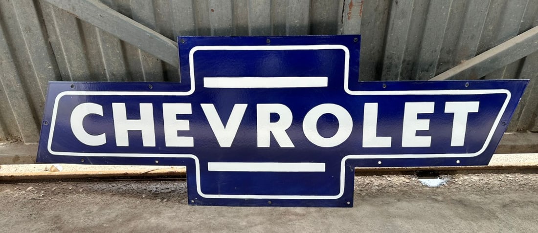 60"x21" contemporary Chevrolet Blue Bow Tie Porcelain Sign. Die Cut Chevy Car Truck (1 of 2)