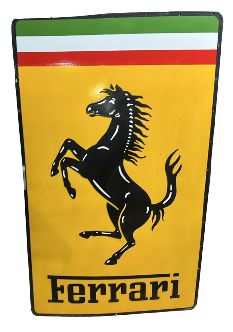 72"x44" Contemporary Large Ferrari Dealership Porcelain Sign Hand Brushed: Large Ferrari Dealership Porcelain Sign 72"x44". Hand brushed with shelving. Just like the old school process. Excellent quality. Vibrant colors. Heavy gauge steel. The porcelain is fired at 850 degre
