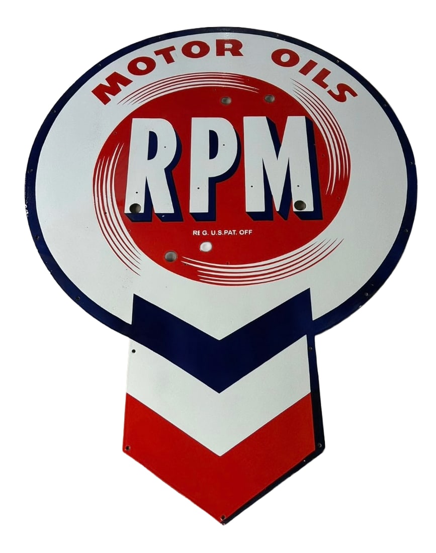 48"x64" contemporary RPM Motor Oil Porcelain Die Cut Sign 1 sided Standard Oil co.: 48"x64'Die Cut RPM Motor Oil porcelain sign. A Standard Oil Product. Hand brushed with shelving. Just like the old school process. Excellent quality. Vibrant colors. Heavy gauge steel. The porcelain i
