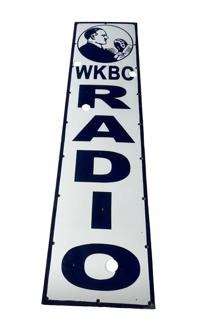 12"x48' Contemporary Vertical WKBC Radio Station Porcelain Neon Skin Sign: 12"x48" Vertical WKBC Radio Station Porcelain Neon face sign. Great graphic of a radio DJ. Hand brushed with shelving. Just like the old school process. Excellent quality. Vibrant colors. Heavy gauge
