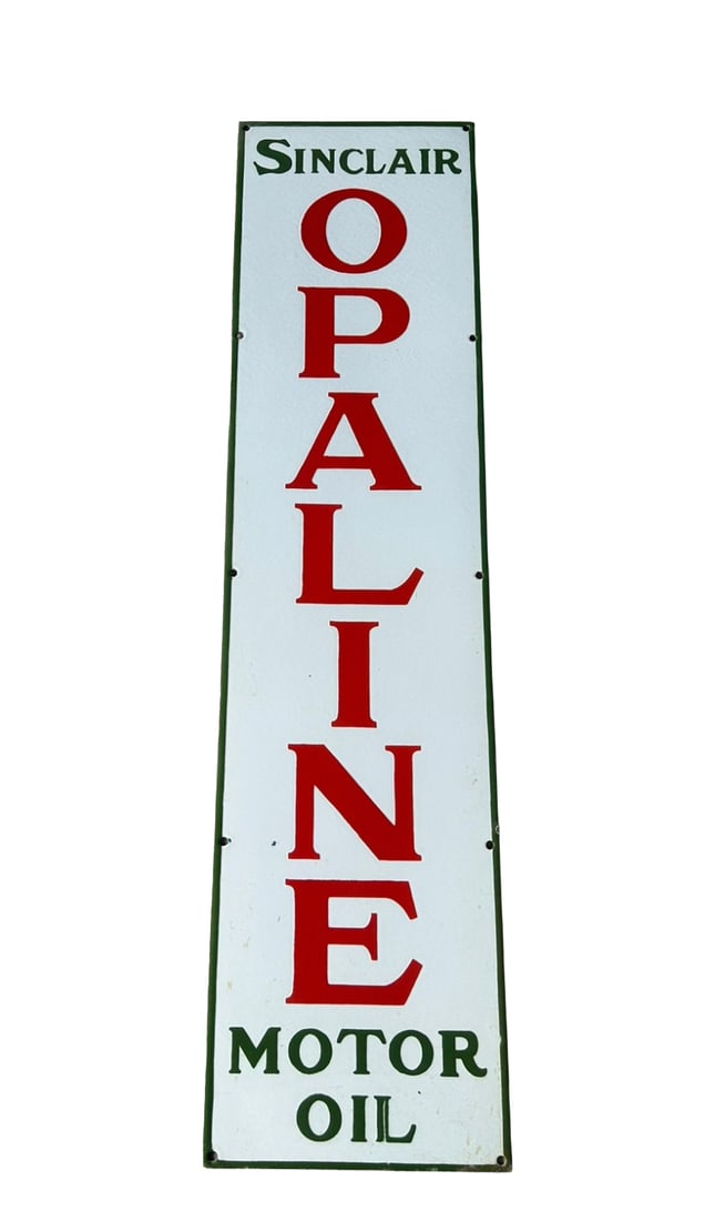 48"x12" contemporary Sinclair Opaline Motor Oil Vertical Porcelain sign: 48"x12" Sinclair Opaline Motor Oil vertical porcelain sign. Hand brushed with shelving. Just like the old school process. Excellent quality. Vibrant colors. Heavy gauge steel. The porcelain is fired a