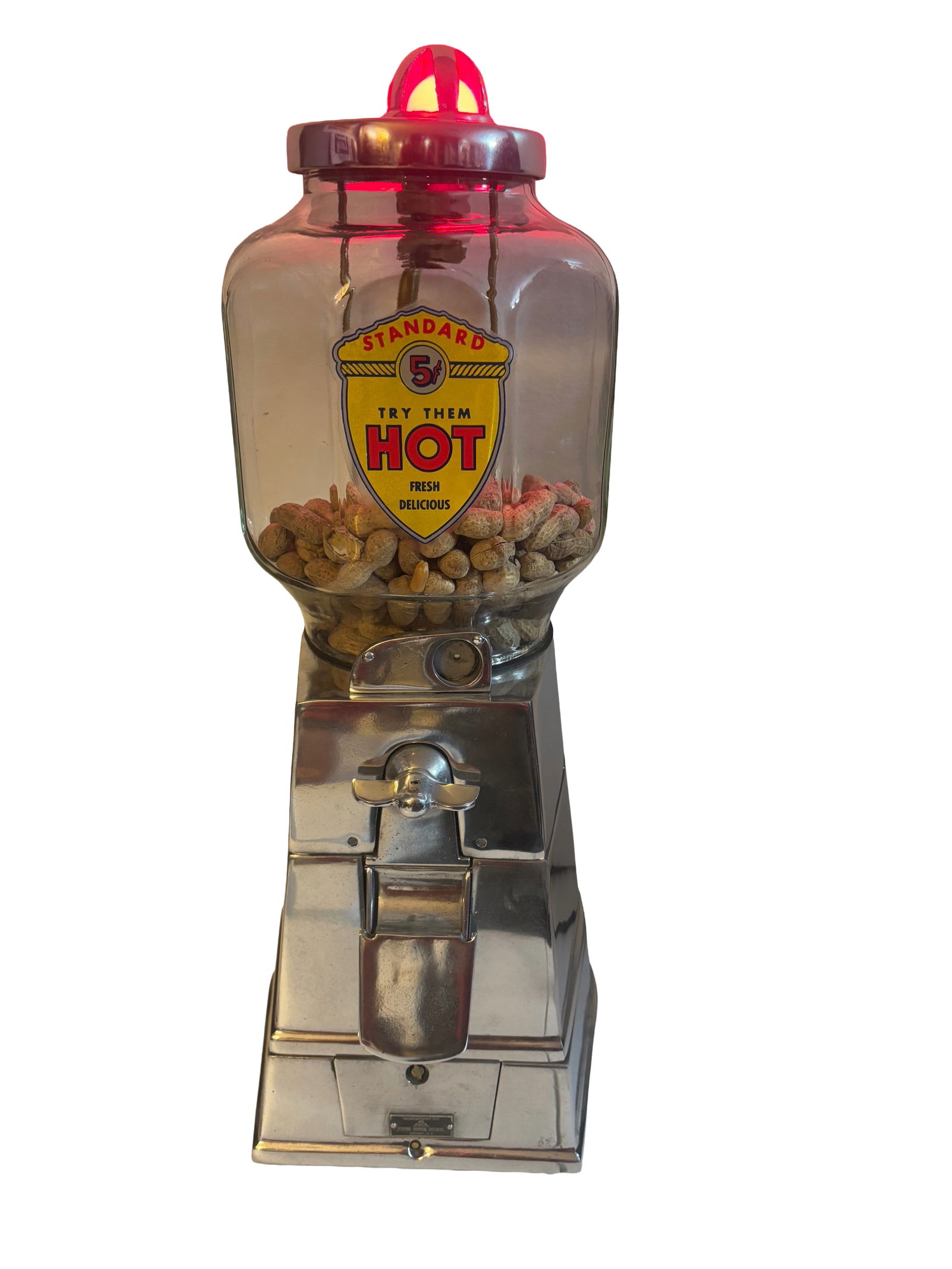 Lg. 5 Cent 1940s Asco Hot Peanut Vendor Machine Polished Aluminum Body Works Coin Op (1 of 6)
