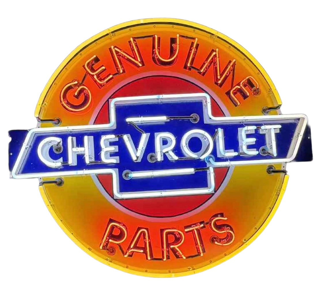 42" x46" contemporary Classic Chevrolet Genuine Parts Neon Sign 3 Color Chevy: 42”x46 Chevrolet Genuine Parts die cut porcelain neon sign. Sign is all new. 2 new Transformers. Everything from the porcelain to the can is done the old school process. Porcelain is hand brushe