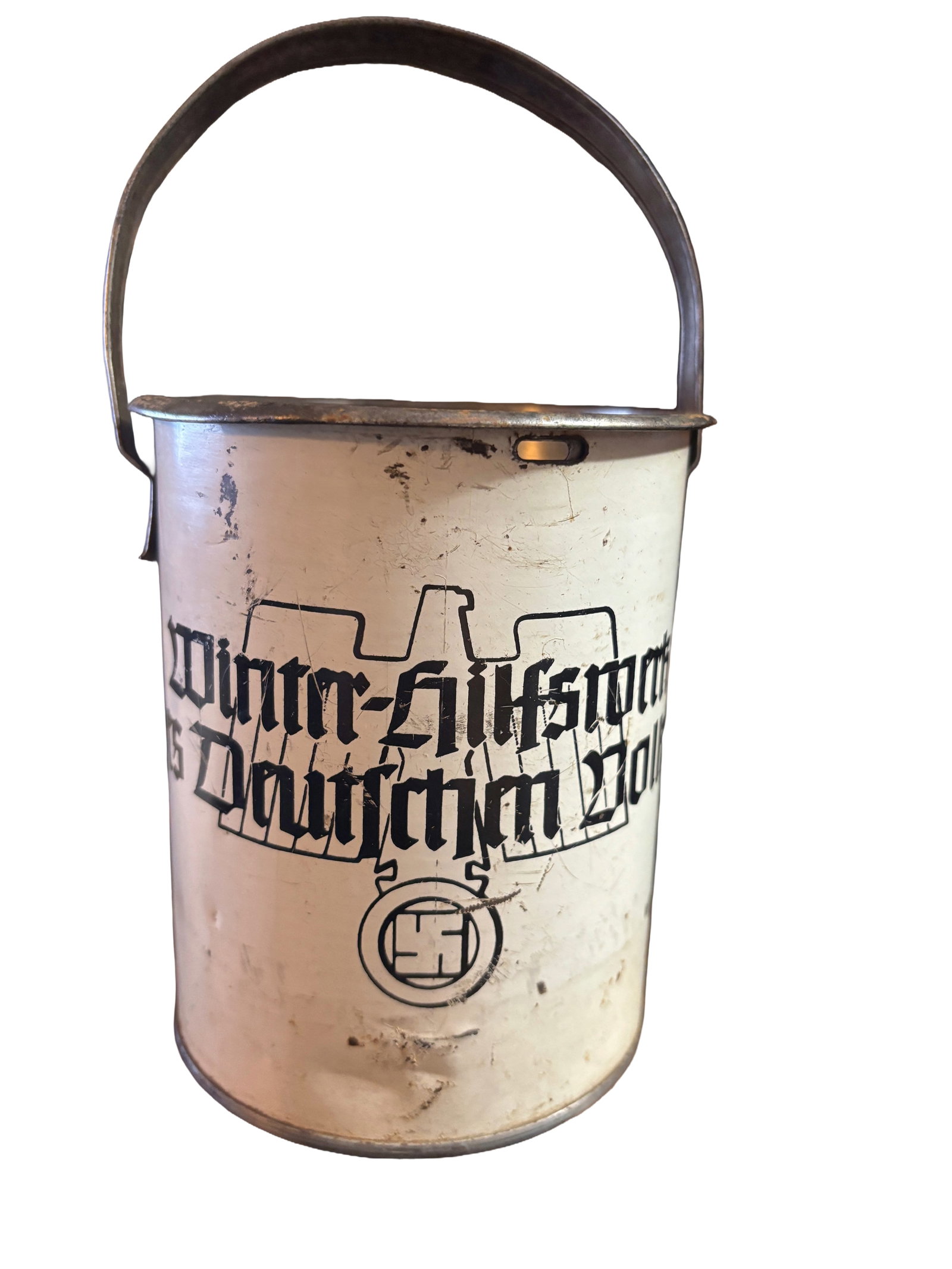 World War 2 era German Third Reich Winter Relief Donation Coin Can white: World War 2 era German Third Reich Winter Relief Donation Coin Can white.. Has a coin slot on the lid. solid working handle