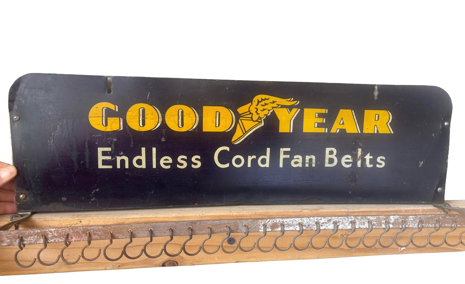 Rare 26"x8" Goodyear Painted Metal Fan Belt Hanging Display Rack Sign (1 of 9)