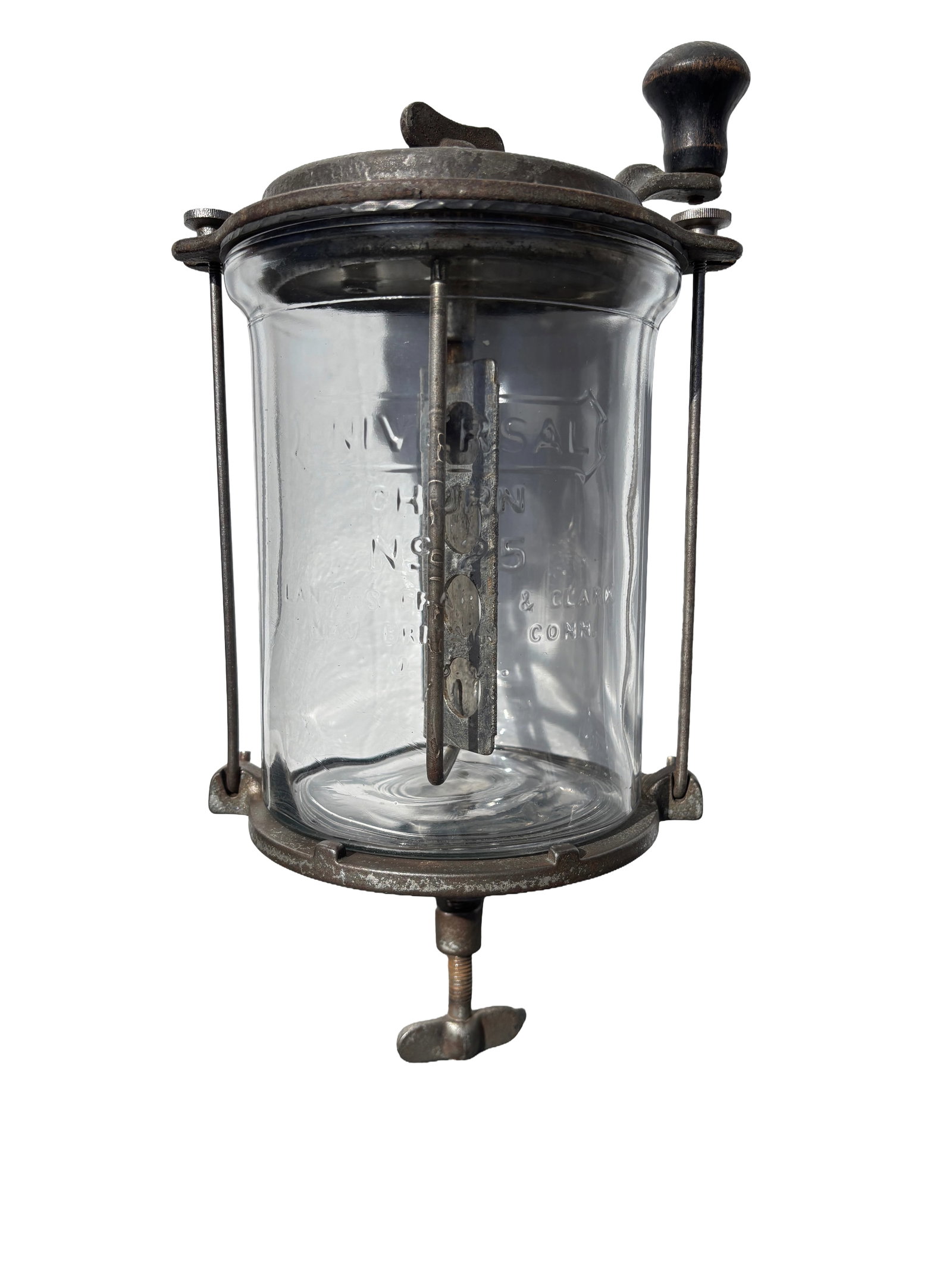 Antique No. 25 Universal Clamp-On Glass Butter Churn Cream Primitive Kitchen: Rare Antique No. 25 Universal Clamp-On Glass Butter Churn Cream Primitive Kitchen. Features an embossed raised letters heavy glass measuring jar, held within a metal frame that included a clamp-on bas