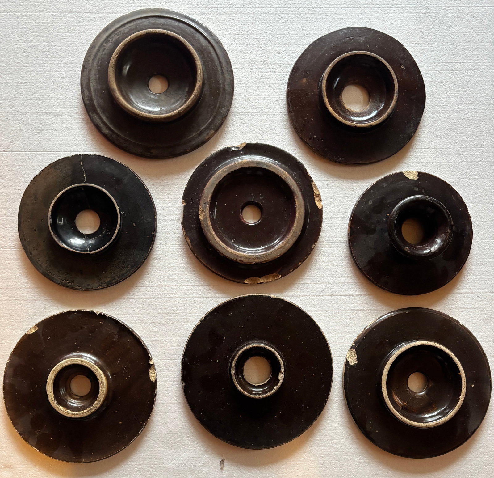 Antique lot of 8 Salt Glaze Crock Butter Churn Lids Brown Dripware (1 of 8)