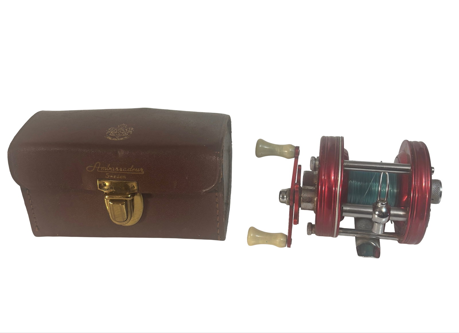 Vintage Red Abu Ambassadeur No. 5000 Sweden with Leather Case: Vintage Red Abu Ambassadeur No. 5000 Sweden with Leather Case. 183917.