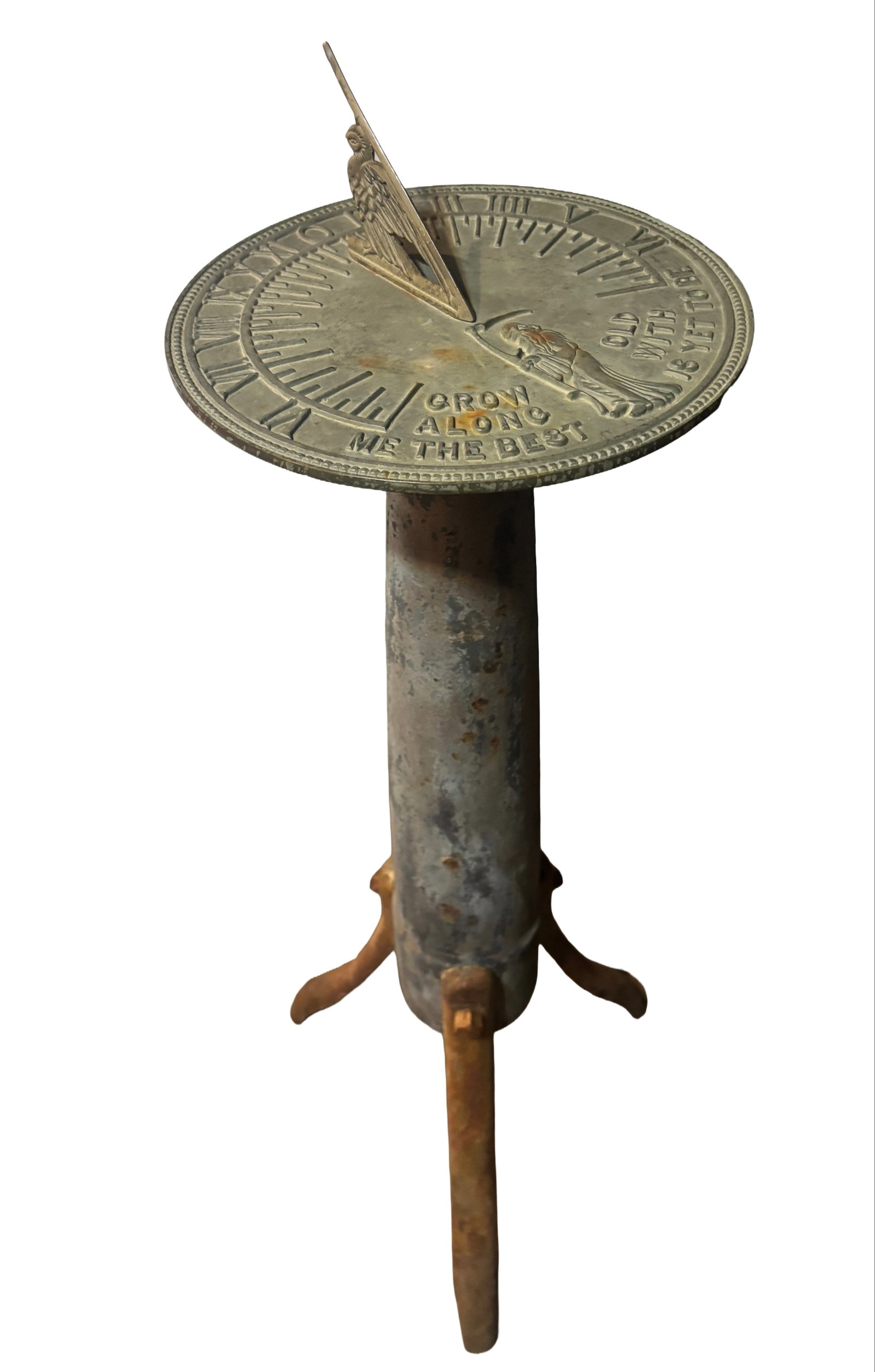 Vintage Garden Cast Bronze Sundial Heavy 3-leg Cast Iron Base Father Time & Dove Dial (1 of 7)