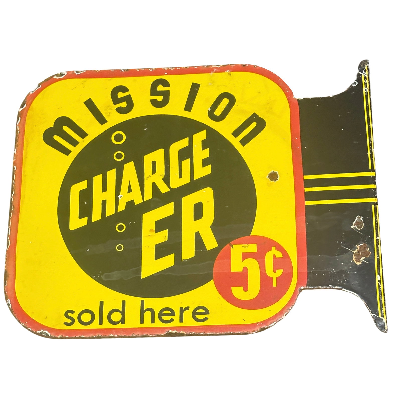 Contemporary Aged Porcelain Mission "Charge ER" Soda Pop Flange Sign Sold Here (1 of 5)