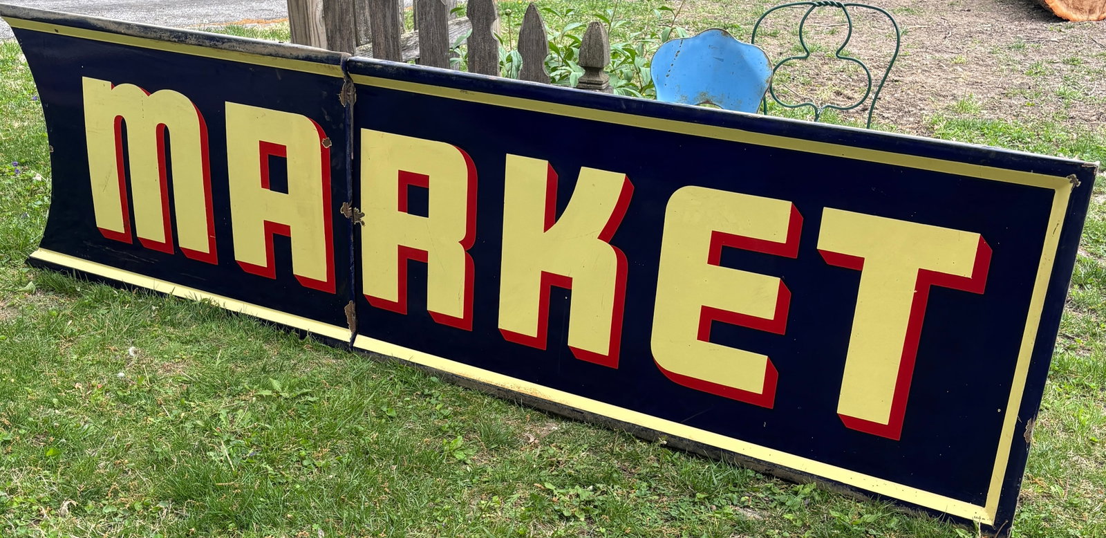 Large 9.5’ Porcelain 2 pc Market Sign: Large 9.5 foot 2 pc porcelain 3 Color Market sign. It is part of a larger IGA Super Market Store sign. Colors are vibrant. Has some hits, shows some wear through, displays very well! pick up only,