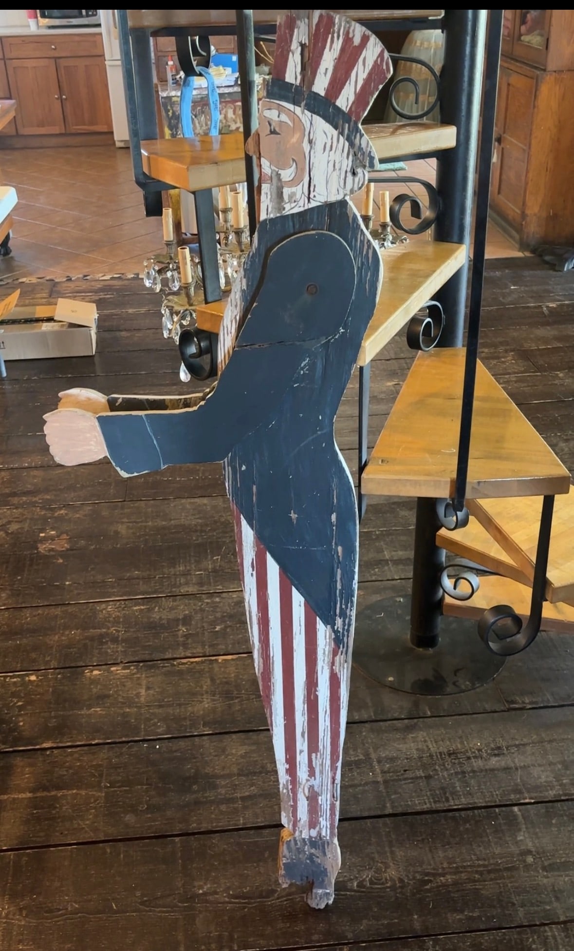 Early Folk Art Uncle Sam Patriotic Maillbox Holder: Early Folk Art Uncle Sam Patriotic Maillbox Holder, Flag Holder or porch decoration. Hand painted. Shows the perfect rustic patina from being outdoors. What a great piece! Arms move. Measures 58"