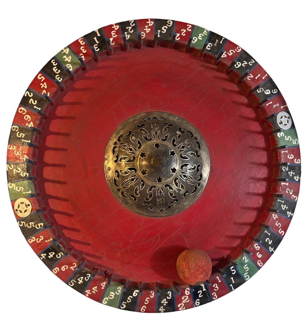 Early Masonic gambling wheel cast iron base, folk art: Early Masonic gambling wheel cast iron base, folk art. Very ornate heavy red painted cast-iron base. Folk art handpainted wheel with a silver ornate centerpiece. Working condition I have a video if yo