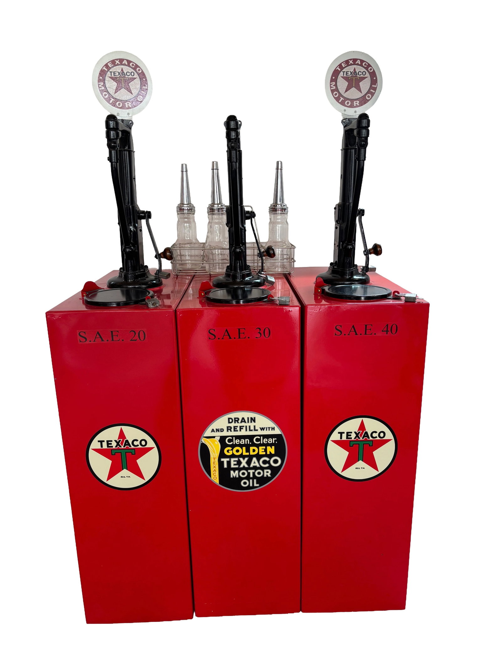 3 Piece Texaco Tokiem Lubesters set Restored No Reserve: Tokiem Lubesters set Restored No Reserve. Sandblasted and done in Omni Red. Decals and signs are repro. Texaco Wetmore Ks. Center tank has a few minor dents. Tanks are designed to bolt together.